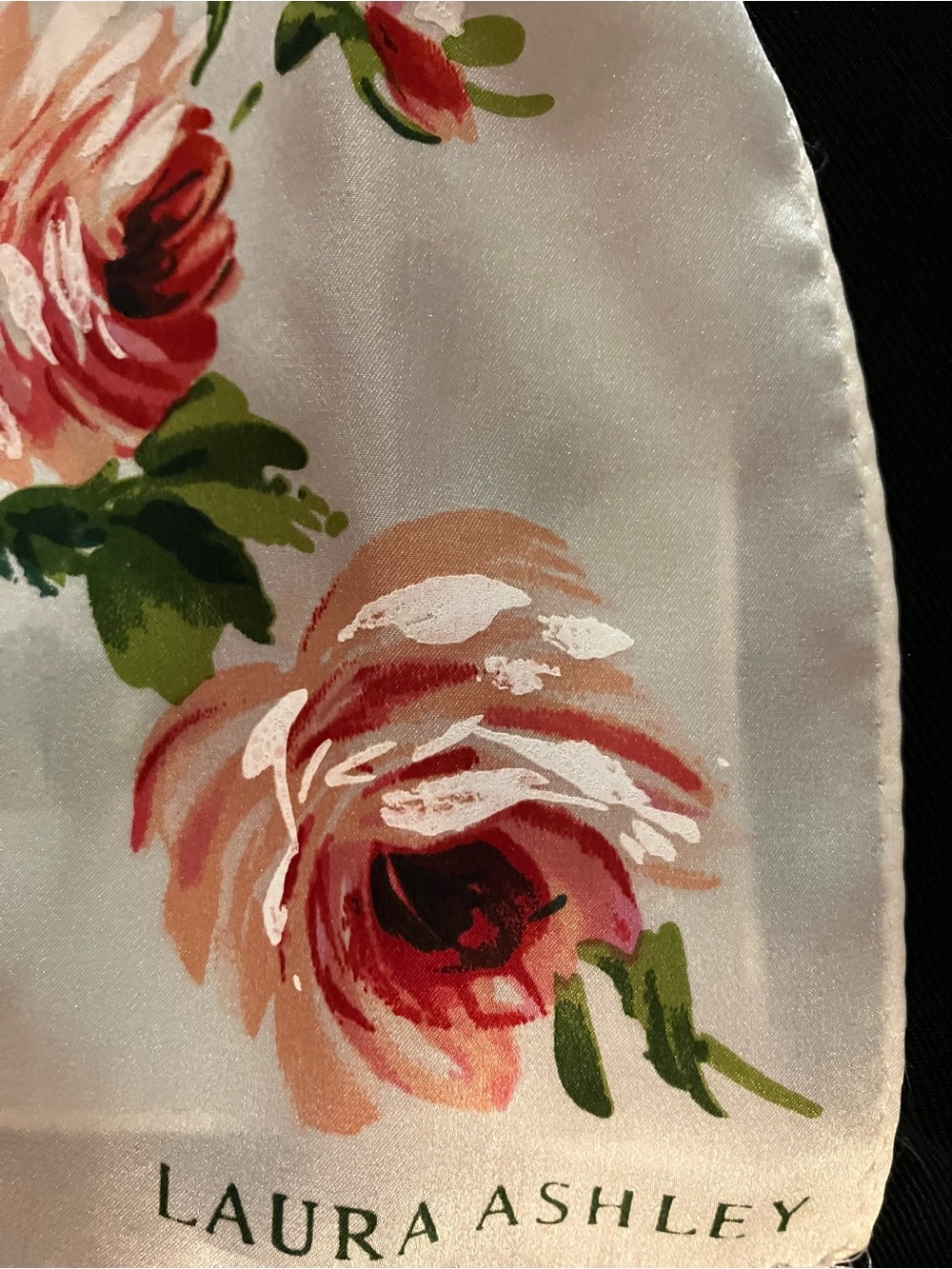 New Laura Ashley Cream Silk Scarf with Red and Green Rose Print - Picture 3 of 5